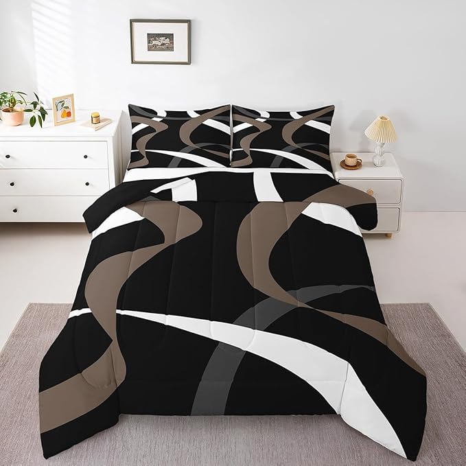 Erosebridal Abstract Black Taupe Brown Bedding Comforter Sets Dark Grey White Striped Bedding Set Full Geometric Abstract Down Comforter for Kids Boys Teen Men Modern Fashion Quilt Duvet