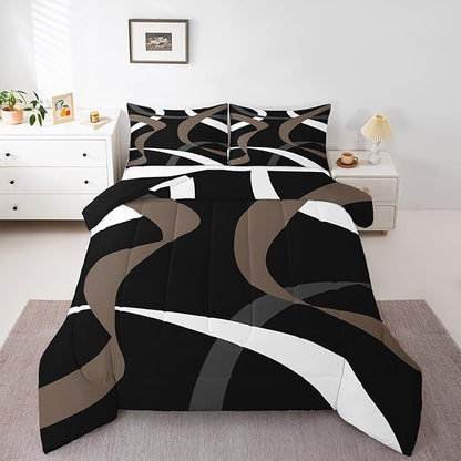 Erosebridal Abstract Black Taupe Brown Bedding Comforter Sets Dark Grey White Striped Bedding Set Queen Geometric Abstract Down Comforter for Kids Boys Teen Men Modern Fashion Quilt Duvet