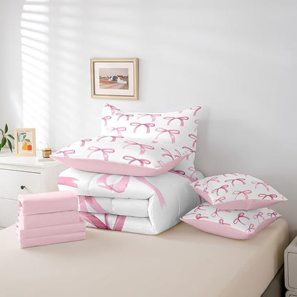 Feelyou Bow Bedding Set for All Season Boys Girls King Size Cute Bowknot 7 Pieces Comforter Sets for Kids Women Men Pink Girls Bow Bed in a Bag with Comforter, Sheets, Pillowcases & Cushion Cover