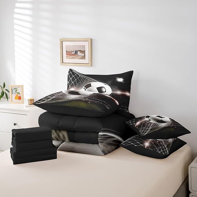 Feelyou Soccer Ball Comforter Set King Size 7 Pcs Football Comforter Bed in a Bag Black White Sports Bedding Set for Boys Girls Teens Soccer Lover Bed Set with Sheets, Pillowcases, Pillow Covers