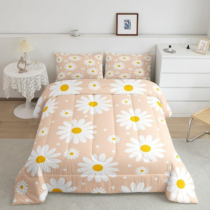 Erosebridal Orange Kawaii Floral Comforter Cute Daisy Twin Bedding Set for Kids Girls Teen Women Room Decor 2 Pcs,Cartoon Flower Comforter Set Rustic Farmhouse Quilt