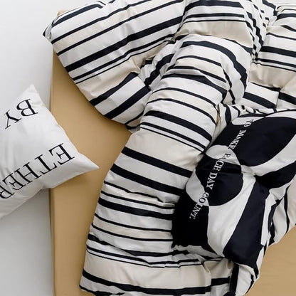 CLOTHKNOW Striped Queen Comforter Set Black White Beige Bedding Comforter Sets Farmhouse Comforters Black White Queen Comforter with 2 x Pillowcases