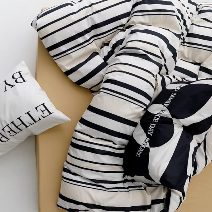 CLOTHKNOW Striped Comforter Set Twin/Twin XL 3Pcs Black White Beige Bedding Comforter Sets Stripes Comforter Sets Twin
