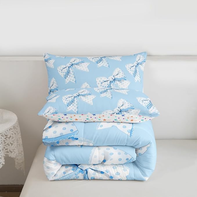 Erosebridal Blue Cartoon Bowknot King Bedding Set For Girls,Cute Kawaii Dot Bow Comforter Set Girly Coquette Princess Style Bedding Comforter Sets For Kids Teen Adults,Romantic Aesthetic Bow Tie Quilt