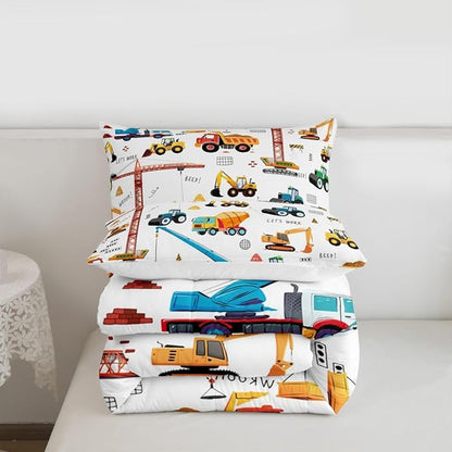Erosebridal Cartoon Car Kids Comforter Set Truck Bedding Set Decor Construction Excavator Tractor Quilted Duvet Heavy Machinery Digger Mixer Down Comforter for Children Boys Teens 3Pcs Queen