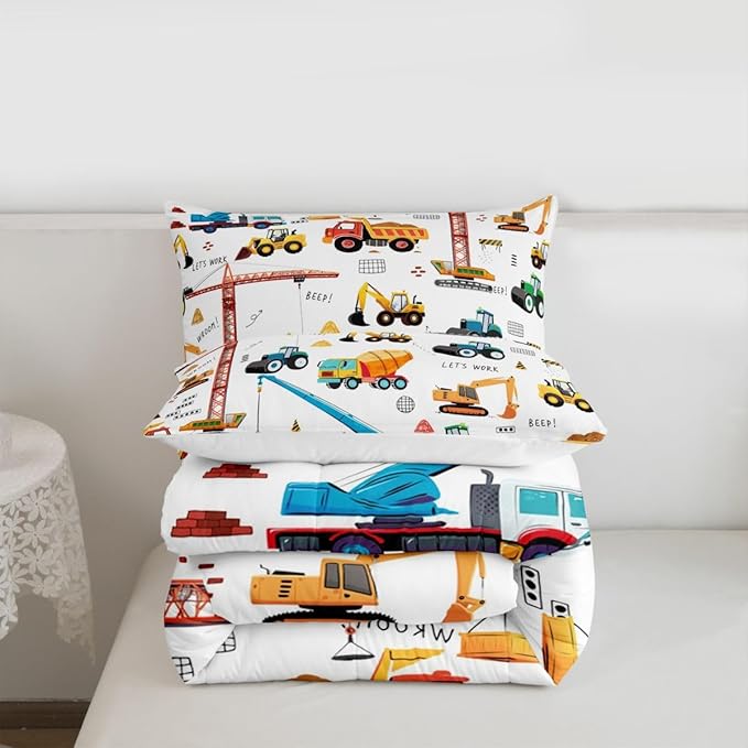 Construction Bedding Set Kids Cartoon Car Comforter Set Equipment Trucks Excavators Down Comforter King Bedroom Decor Vehicle Construction Site Car Duvet Insert With 2 Pillow Cases, Yellow White
