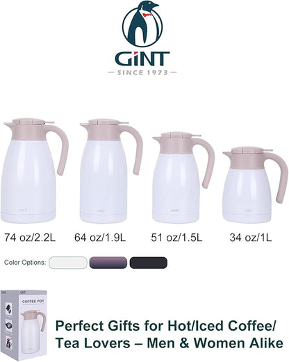 GiNT 1.9L / 64Oz Thermal Coffee Carafe, Insulated Stainless Steel Coffee Carafes for Keeping Hot/Double Walled Vacuum Thermal Carafe (White)
