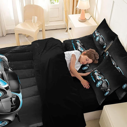 Sports Car 7 Piece Bedding Set Stylish Black Race Car Comforter Set with Sheets for Kids Boys Girls Extreme Sports Theme Bed in a Bag Cool Speed Luxury Car Decor Bed Set with 2 Pillowcases Full