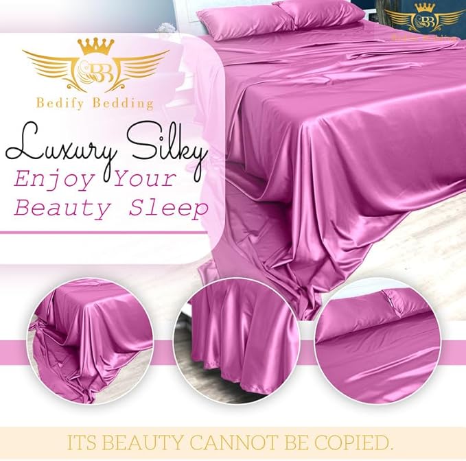 100% Pure Silk Satin Sheet Set 4pcs, Silk Fitted Sheet 15" Deep Pocket Mattress fit,Silk Flat Sheet&Silk Pillowcases Set Soft Silk Sheets|Wrinkle Free Fade Resistant (Blood Red/Full)