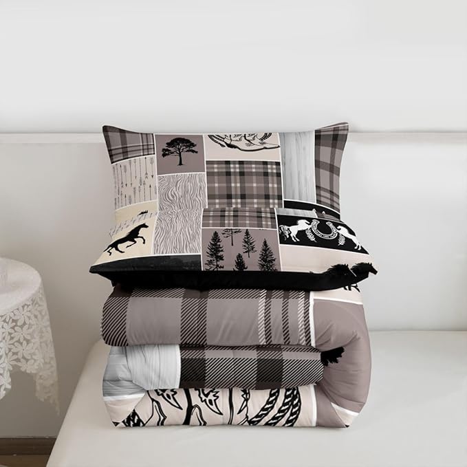 Erosebridal Western Horse Comforter Set, Rustic Farmhouse Quilt Queen, Southwest Riding Boots Horseshoe Bedding, Geometric Grid Plaid Patchwork Bedding Comforter Sets Cabin Decor for Bedroom, Brown