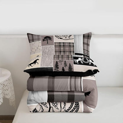 Erosebridal Western Horse Comforter Set, Rustic Farmhouse Quilt Queen, Southwest Riding Boots Horseshoe Bedding, Geometric Grid Plaid Patchwork Bedding Comforter Sets Cabin Decor for Bedroom, Brown