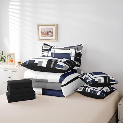 Erosebridal 7Pcs Navy Blue Black Comforter Set King,Geometric Bed in A Bag for Women Men,Minimalist Modern Striped Square Bedding with Bed Sheets,Vintage Boho Art Stripes Quilt Set with Pillowcases