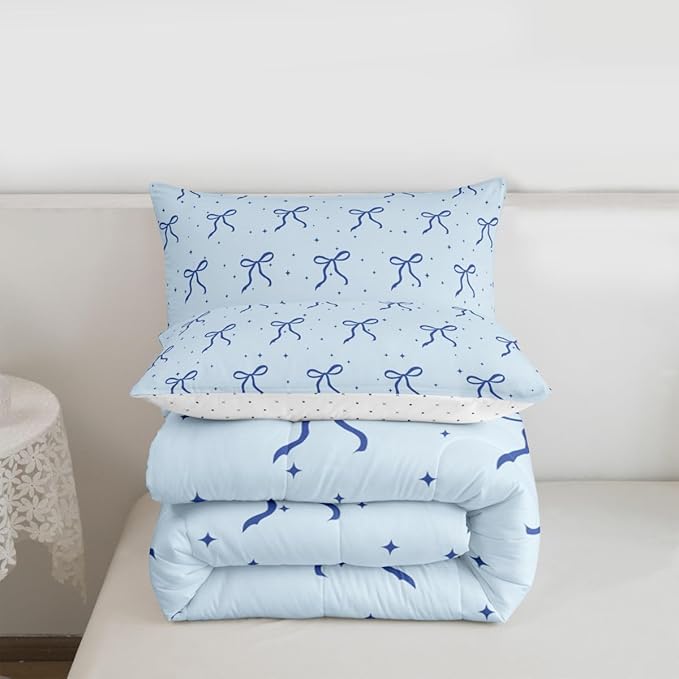 Erosebridal Blue Bow Comforter Set King Size Coquette Bows Bedding Set Trendy Cute Ribbon Bowknot Comforter for Teen Girls Kids Women Bedroom Girly Preppy Princess Quilt Duvet