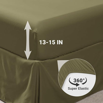 JOLLYVOGUE Olive Green King Size Comforter Sets 7 Pieces, Pintuck Bed in a Bag Comforter Set for Bedroom, Bedding Comforter Sets with Comforter, Sheets, Ruffled Shams & Pillowcases