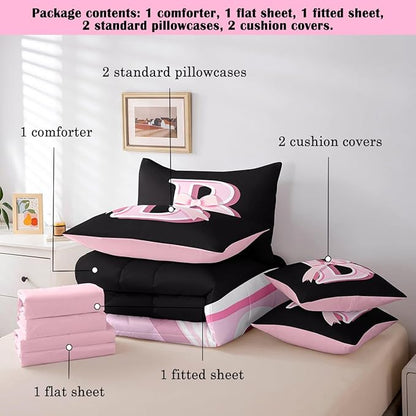 jejeloiu Kids Girls Black Pink Bow Comforter Set with Sheets King Size Monogrammed 7 Piece Bedding Set Personalized Initial B Bed in a Bag with Comforter,Sheets,Pillowcases Modern Fashion Bed Set