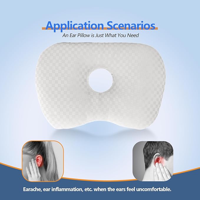 Ear Piercing Hole Pillows Side Sleeper Pillow with an Ear Hole for CNH Side Sleepers and Ear Inflammation Pressure Sores, Adjustable Cotton and Polyester Curved Side Pillow, White
