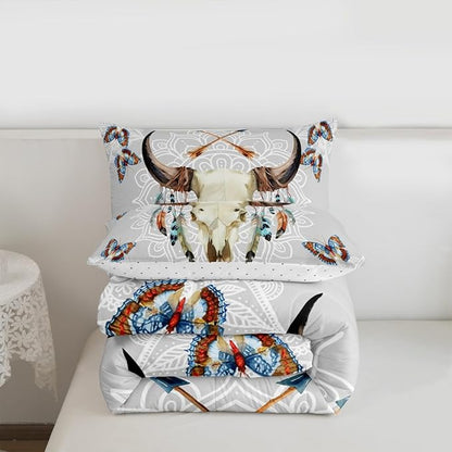 Western Bull Skull Comforter Set King Size,Tribal Arrow Feather Butterfly Bedding Set,Mandala Floral Print Quilt Set for Kids Girls Boys Room Decor,Vintage Boho Brown Grey Duvet Insert 3Pcs