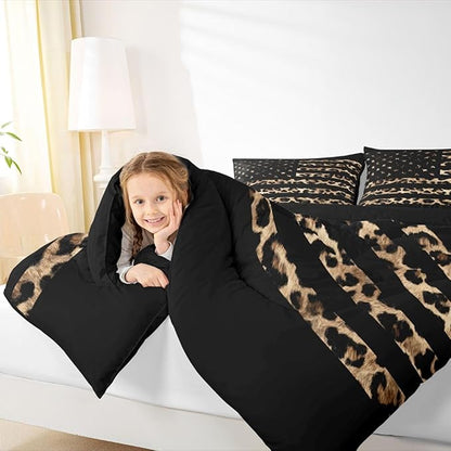 Feelyou American Flag Leopard Kids Comforter Set King Size Hunting Bedding Set Brown Cheetah Print Duvet Quilt for Kids Boys Girls Bedroom Animal Fur Decor Microfiber Ultra Soft Breathable