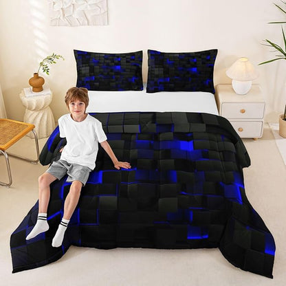 Erosebridal Black Navy Royal Blue Comforter Set Twin Neon Geometric Checkered Bedding Set for Teen Boys Gamer Room Decor,Abstract Stereoscopic Grids Quilt Square Plaid Check Bed Set 2 Pcs
