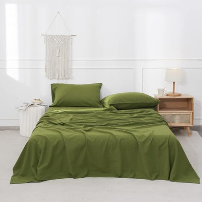 Simple&Opulence Belgian Linen Sheet Set Solid Color - 3 Pieces (1 Flat Sheet, 1 Fitted Sheet & 1 Pillowcase) Natural Flax Cotton Blend Soft Breathable Farmhouse Bedding - Twin Size, Forest