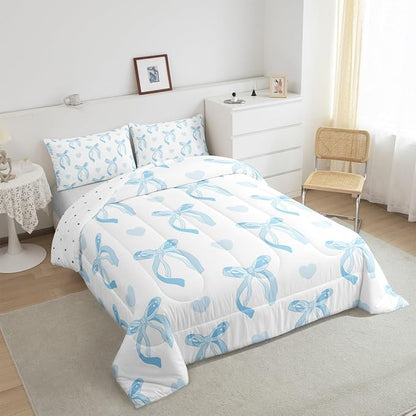 jejeloiu Cute Blue Bow Bedding Set King Size Ribbon Bow Comforter Set for Kids Women Cartoon Love Heart Duvet Set Blue White Quilt Set 3Pcs