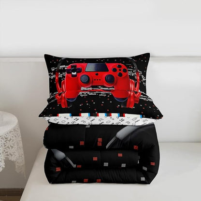Erosebridal Twin Comforter Set for Boys, Gamer Comforter Gaming Headsets Bedding Sets, Kids Teens Music Game Controller Bedding Comforter Sets, Red Black Quilt Gamer Room Decor