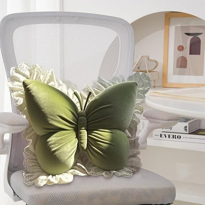 Butterfly Throw Pillow,21.6 inch Velvet Butterfly Decorative Pillow with Lace Trim,Animal Pillow for Couch Living Room Bed,Home Garden Decor (Green)