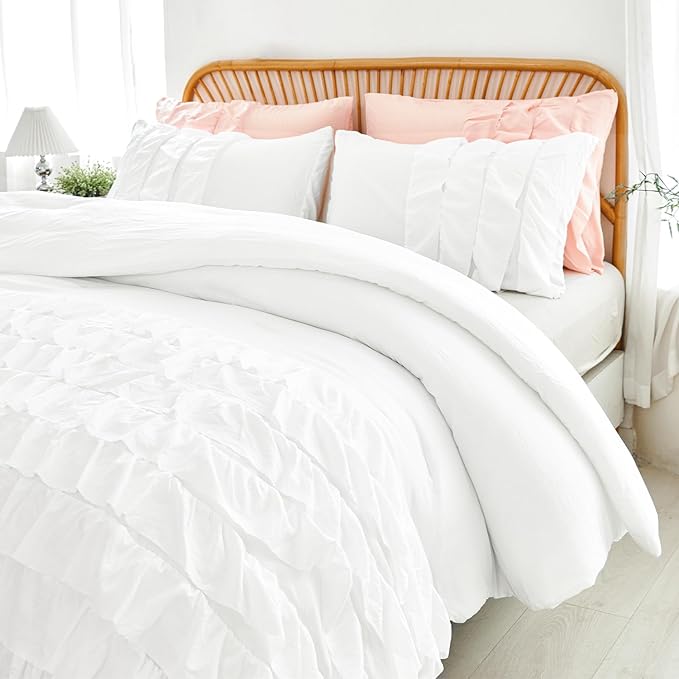 PERFEMET White Ruffle Comforter Set Full Size Multi Layers Ruffled Farmhouse Bedding Set Washed Microfiber Kids Bed Sets for Girls Boho Chic Preppy Bedding Set, 3 Pieces (White,Full)