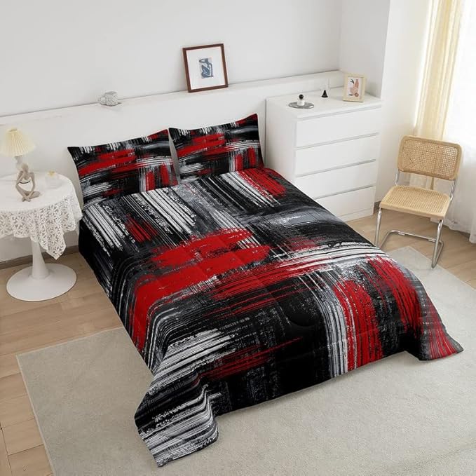 Red Black and Grey Comforter Geometric Artistic Smear Comforter Set Abstract Graffiti Art Bedding Set Contemporary Modern Brush Design Duvet Set Room Decor Quilt Set Full Size