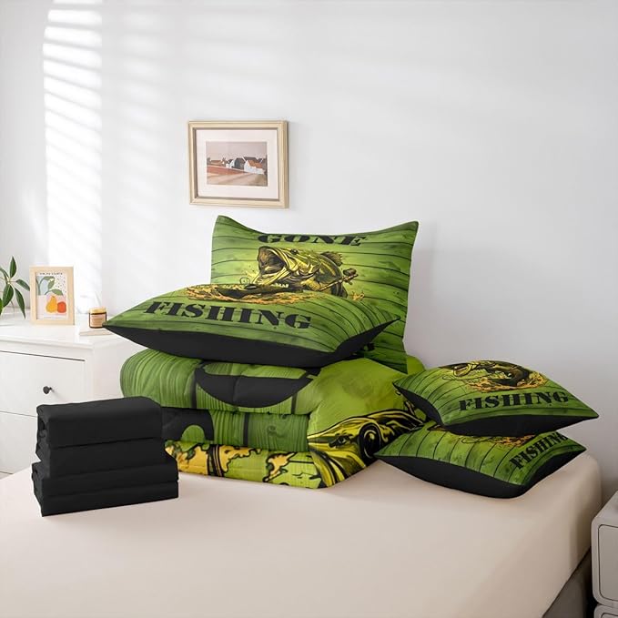 Erosebridal Big Pike Fish Hunting Green King 7-Piece Comforter Set | Wooden Print Underwater Sheets and Pillowcases Underwater Ombre Kids Boys Teens Bed in A Bag Vintage Retro Bed Sets