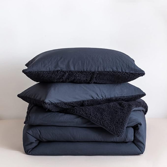 Warm Sherpa Comforter Set with Pillowshams Fleece Comforter King Size Lightweight Cozy Plush Washable Cotton Down Alternative Soft Comforter and Pillow Shams(Dark Navy Blue,King)