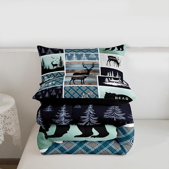 Bear Deer Comforter Set King Size, Hunting Wild Animal Bedding Rustic Cabin Lodge Quilt Farmhouse Blue Geometric Plaids Bedding Comforter Sets For Boys Girls Mens Bedroom, Blue Rustic Gifts For Men