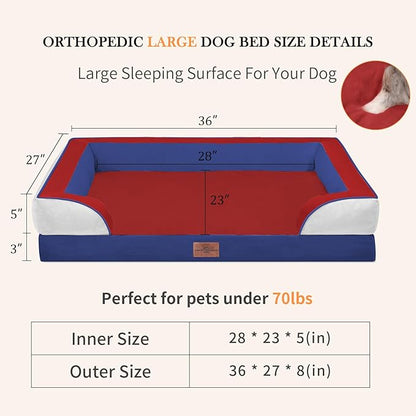 Comfort Expression Orthopedic Dog Bed for Large Dogs 36x27 Inch, Waterproof Egg Crate Foam Large Pet Bed with Removable Bolsters, Dog Couch with Washable Cover & Non-Slip Bottom, Primary Tri-Color