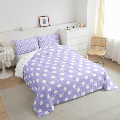 Manfei Polka Dots Comforter Set Full Size,Cartoon French Style Princess Purple White Bedding Set 3 Pcs for Teens Young,Modern Geometric Circles Abstract Simple Art Comforter,2 Pillowcases