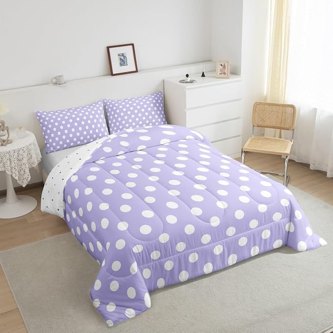 Manfei Polka Dots Comforter Set Twin Size,Cartoon French Style Princess Purple White Bedding Set 2 Pcs for Girls,Modern Geometric Circles Abstract Simple Art Comforter,1 Pillowcase