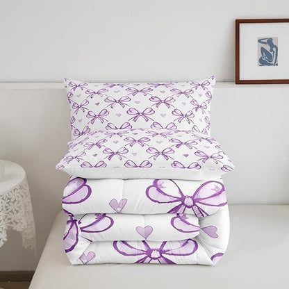 Purple Bow Girlish Comforter Set Twin Size,Bowknot Love Heart Cartoon Girly Bedding Set,Girls Women Room Decor,Bow Princess Style Romantic Down Comforter,Simple Chic Duvet Insert,1 Pillowcase