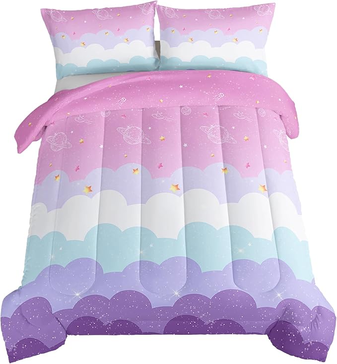 HOSIMA Galaxy Comforter Rainbow Twin Bedding Sets for Girls,Cloud Stars Twin Bed in a Bag Cute Stuff for Teen Girls Bedroom,Coquette Comforter Princess Toddler Bedding Set Kawaii Room Decor.