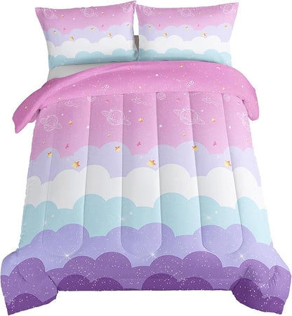 HOSIMA Galaxy Comforter Rainbow Twin Bedding Sets for Girls,Cloud Stars Twin Bed in a Bag Cute Stuff for Teen Girls Bedroom,Coquette Comforter Princess Toddler Bedding Set Kawaii Room Decor.