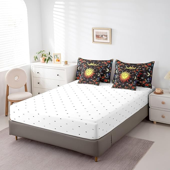 Feelyou Sun Moon Bed in a Bag with Comforter, Twin Size 7Pcs Galaxy Bedding Set with Comforter, Boho Exotic Comforter Women Men Teens Ultra Soft Decor Astrology Space Room Decor