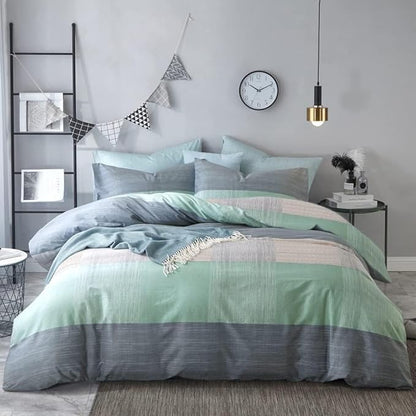 VM VOUGEMARKET Blue Green Comforter Set Queen Patchwork Geometric Comforter with 2 Pillowcases Simple Modern Bedding Set Bed in a Bag All Season Queen Comforter Set for Teens Adults