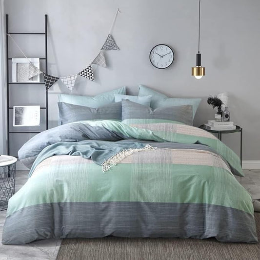 VM VOUGEMARKET Blue Green Comforter Set Queen Patchwork Geometric Comforter with 2 Pillowcases Simple Modern Bedding Set Bed in a Bag All Season Queen Comforter Set for Teens Adults