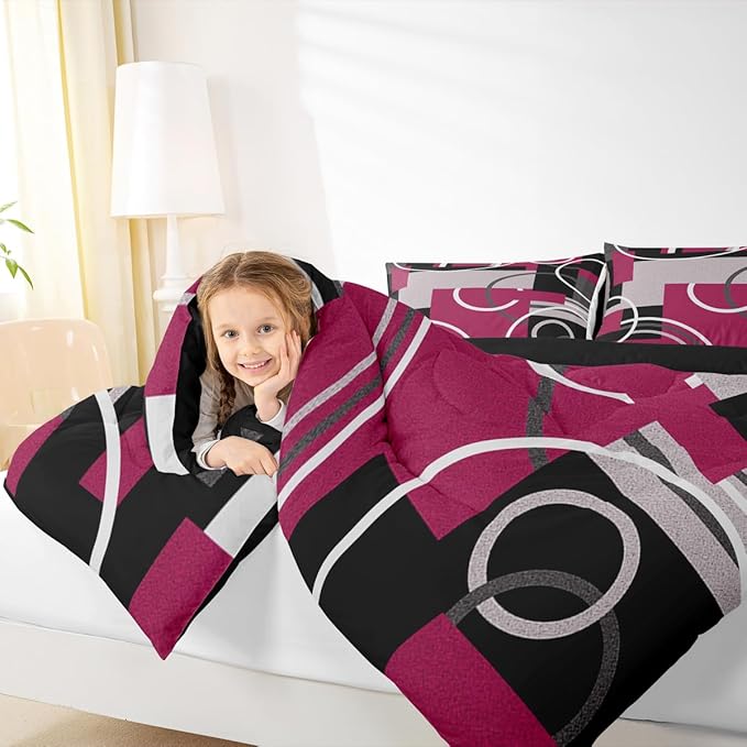 Erosebridal Modern Red Gray Black Bedding King Size Abstract Circles Striped Comforter Set Geometric Spiral Checkered Duvet Insert Chic Texture Quilted Comforter Bedroom Decor with 2 Pillow Covers