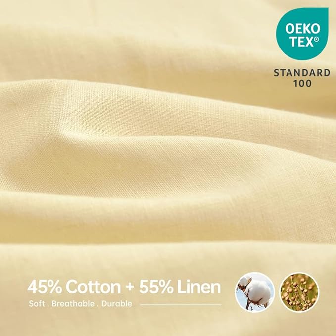 Simple&Opulence Belgian Linen Sheet Set Solid Color - 4 Pieces (1 Flat Sheet, 1 Fitted Sheet & 2 Pillowcases) Natural Flax Cotton Blend Soft Breathable Farmhouse Bedding - Full Size, Pale Yellow