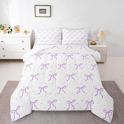 Erosebridal Ribbon Bow Bedding Set Queen for Girls Women Coquette Bows Comforter Set for Kids Teen Girls Women Bedroom Preppy Princess Bowknot Comforter Girly Purple Bow Quilt Duvet