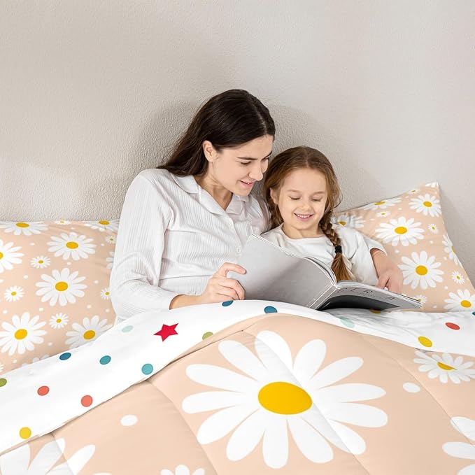 Erosebridal Orange Kawaii Floral Comforter Cute Daisy Twin Bedding Set for Kids Girls Teen Women Room Decor 2 Pcs,Cartoon Flower Comforter Set Rustic Farmhouse Quilt