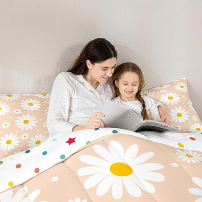 Erosebridal Orange Kawaii Floral Comforter Cute Daisy Toddler Bedding Set for Kids Girls Teen Women Room Decor 2 Pcs,Cartoon Flower Comforter Set Rustic Farmhouse Quilt