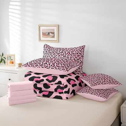Pink Leopard Print Comforter Set 7 Pieces,Wild Animal Skin Luxury Bed Set,African Cheetah Wildlife Fur Bedding Set for Kids,Queen(1 Comforter,2 Pillowcase,2 Pillow Covers,1 Flat Sheet,1 Fitted Sheet)