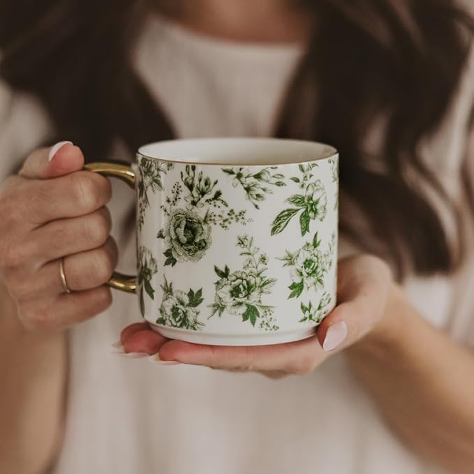 Sweet Water Decor Green Delft Coffee Mug, Vintage Green Floral Design with Gold Handle & Rim, 14oz Fine Bone China Tea Cup, Cute Gifts for Mother's Day, Baby Shower, Christmas & Mom's Birthday