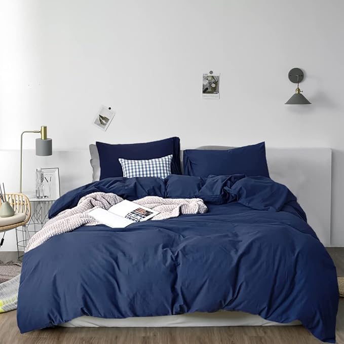 Pureant Navy Blue Comforter Full Set Dark Blue Bedding Set Solid Navy Full Blanket Quilts Men Women Cotton Blue Full Size Blanket Breathable Soft Navy Blue Comforter with 2 Pillowcases