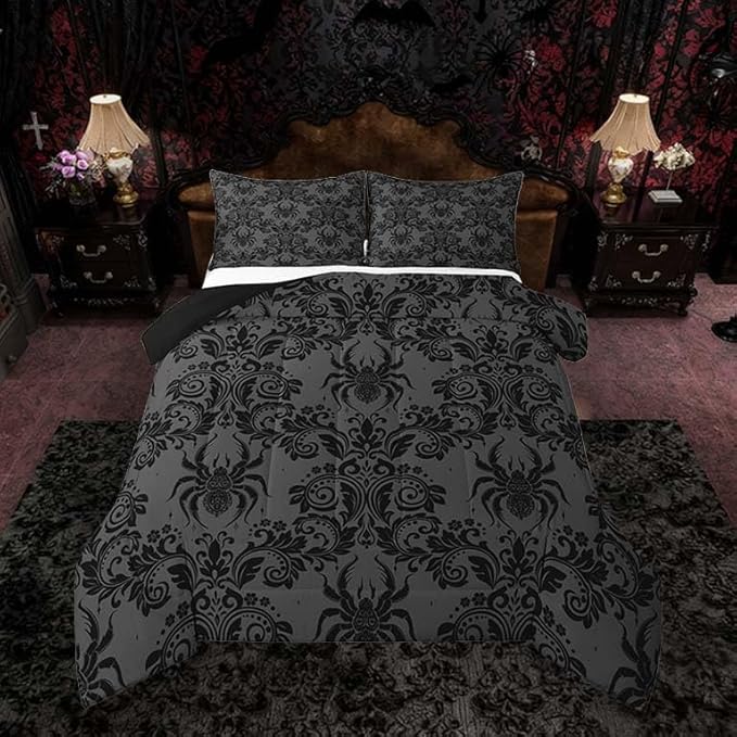 Feelyou Adults Gothic Comforter Set King Size Dark Olive Green Damask Bedding Set for Kids Boys Girls Spider Duvet Quilt Bedroom Decor Microfiber 3 Pcs with 2 Pillow Cases